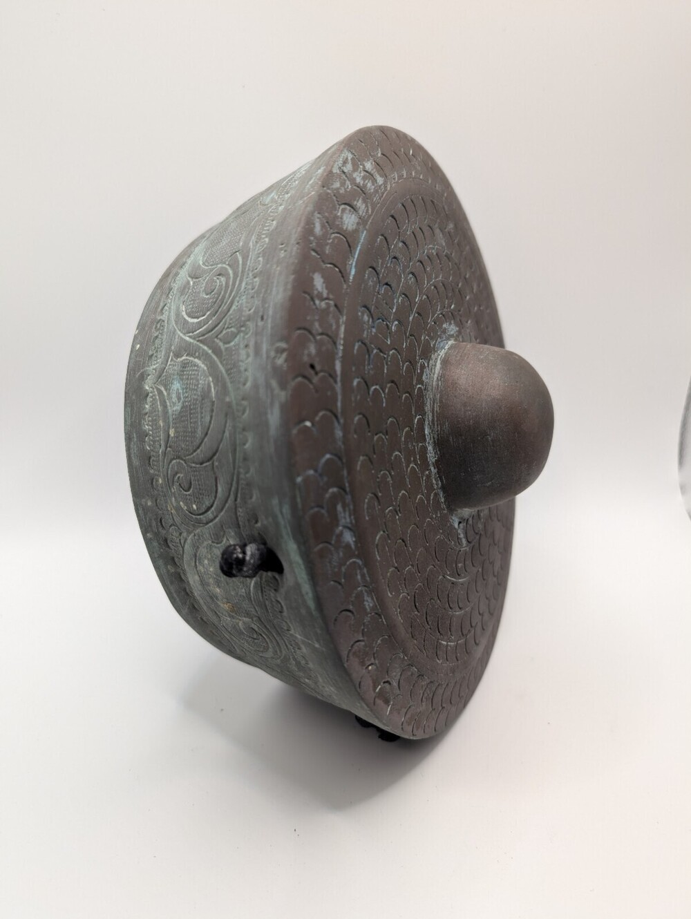 Vintage Chinese Bronze Hanging Gong Temple Bell 8.5" Chased Patina Decor